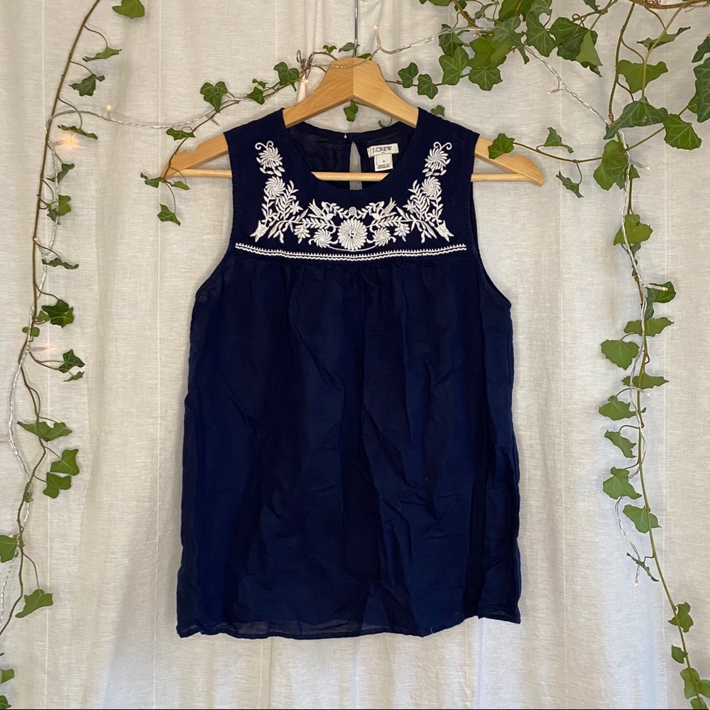 J Crew Linen Tank Sleeveless Embroidered Blouse